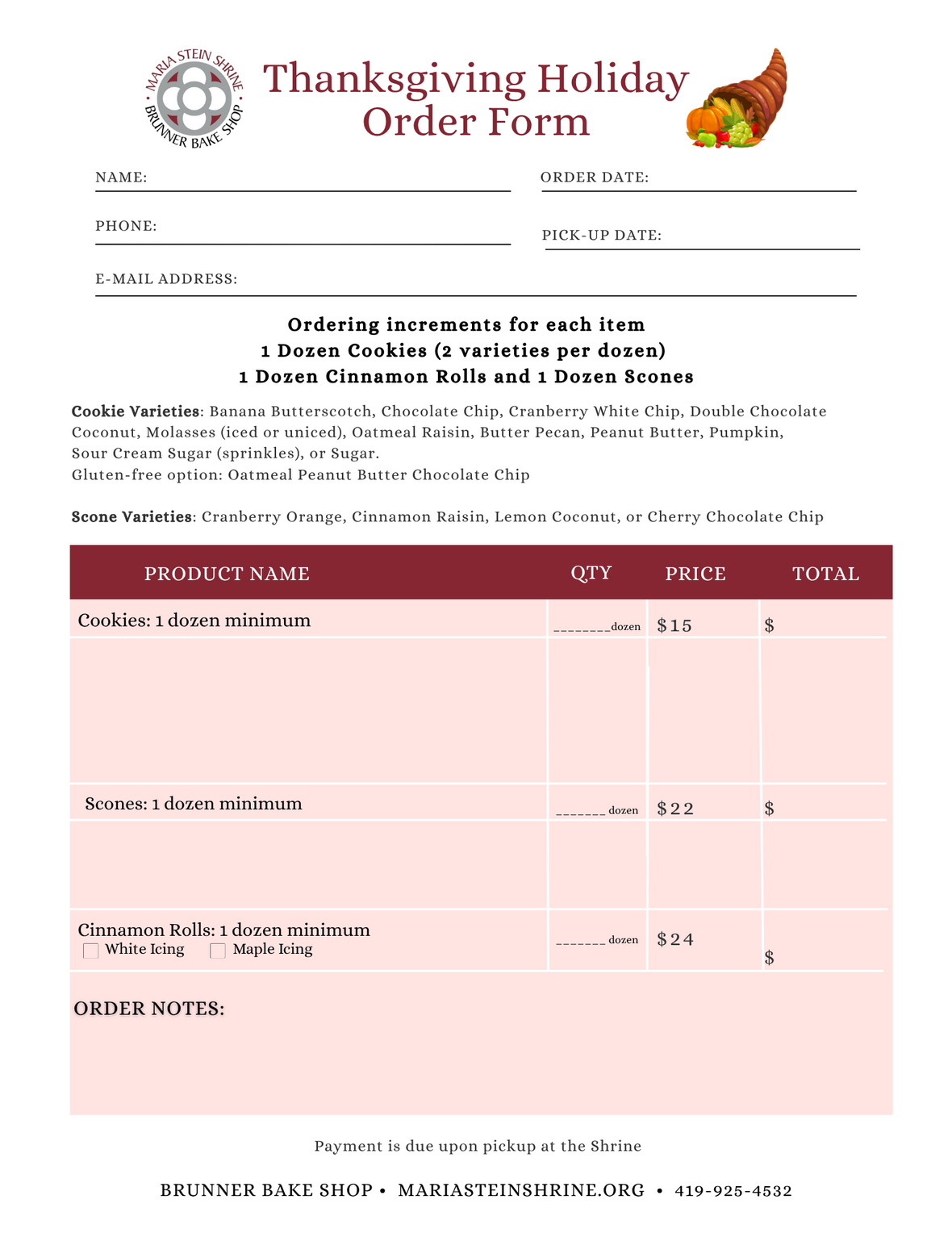 Brunner Bake Shop Order Form
